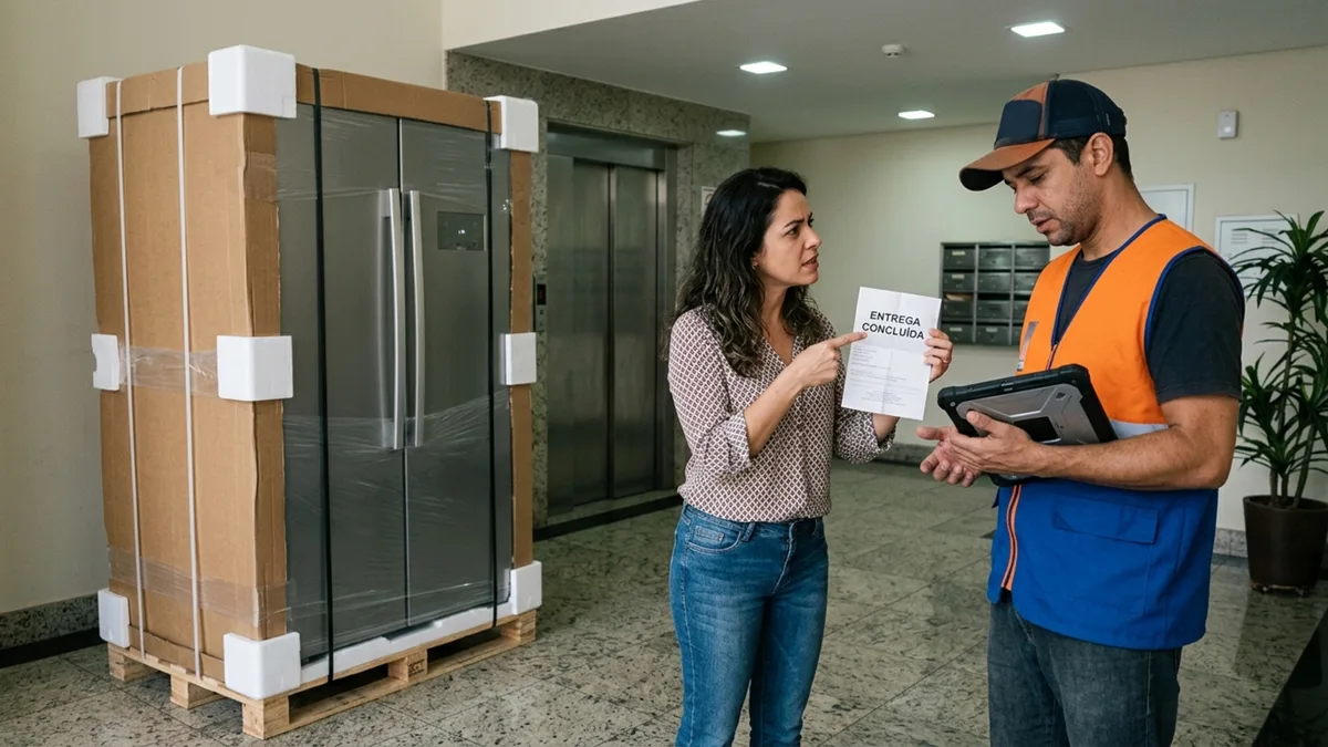 Moradora compra uma geladeira de 2 portas, entregadores descobrem que ela não cabe no elevador e deixam o aparelho no corredor do prédio, mas o comprovante registra a entrega dentro do apartamento