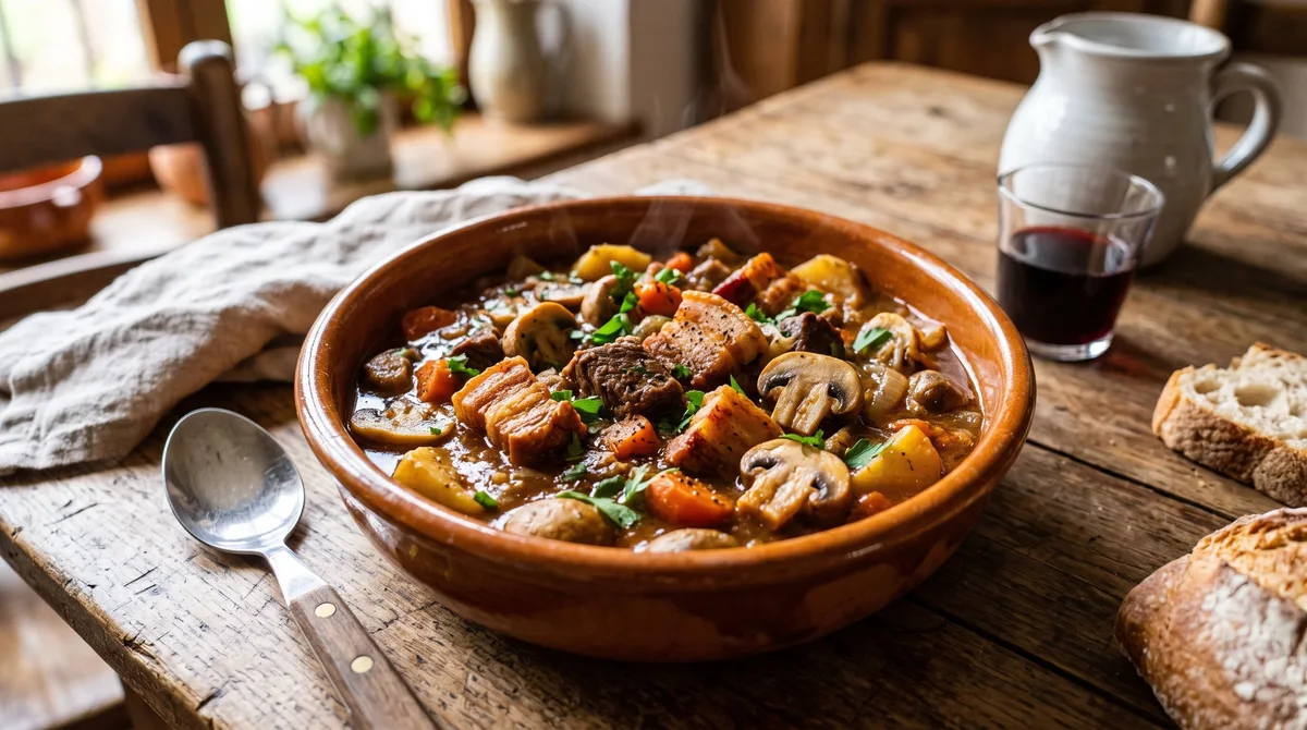 Receta de estofado con panceta y champiñones, rápida y fácil