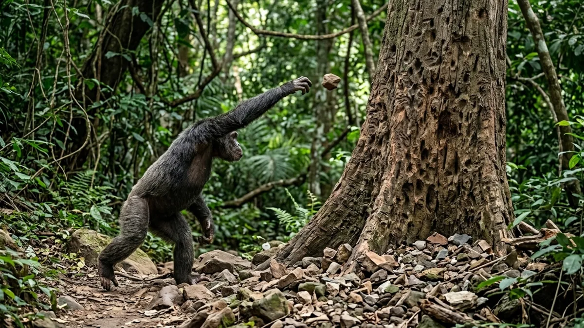 Chimpanzés jogam pedras na mesma árvore há mais de uma década; o que dizem os cientistas sobre esse comportamento
