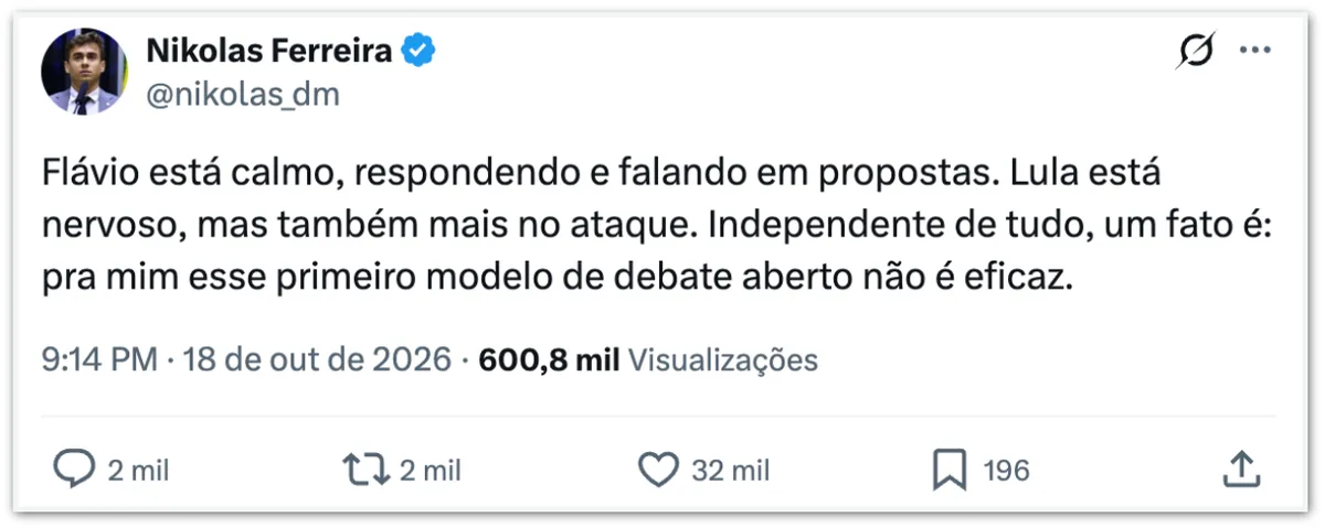 Nikolas critica modelo de debate da “Band”: “Não é eficaz”