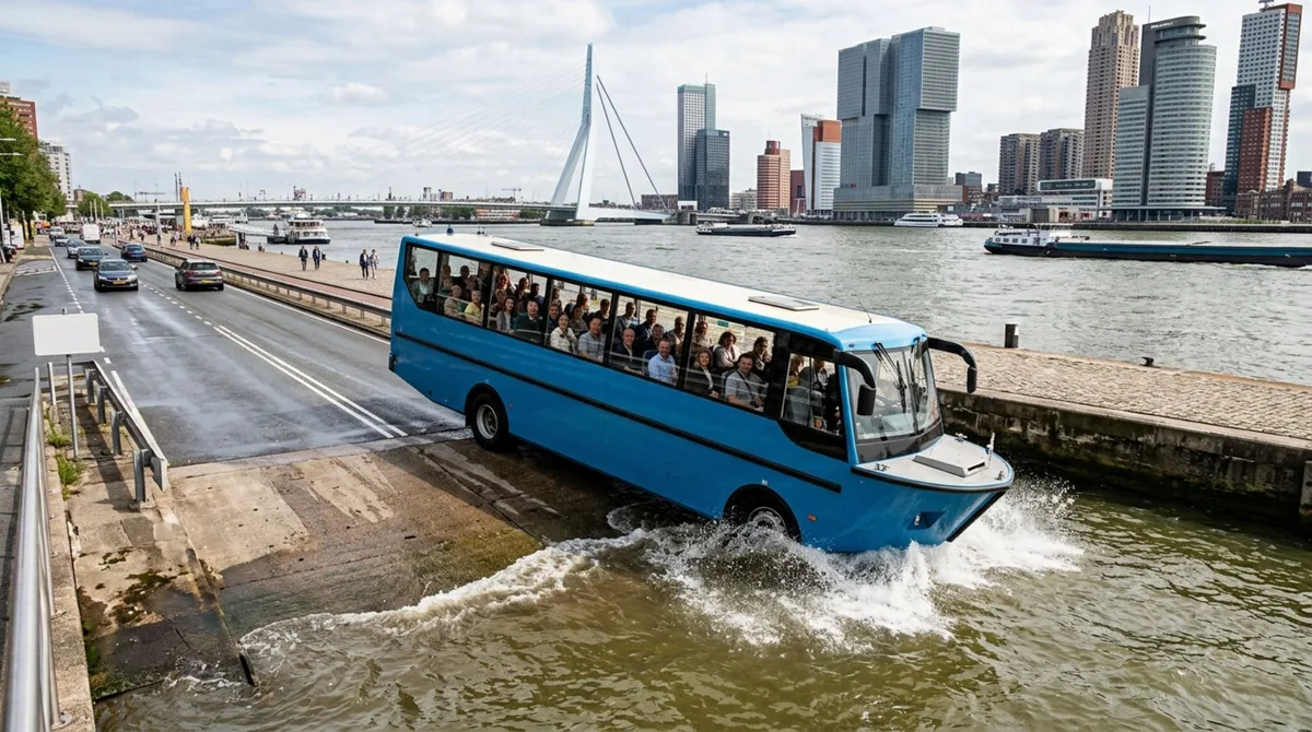 Construído para viajar tanto pelas ruas quanto diretamente pela água, este ônibus consegue abandonar o asfalto por uma rampa, transformar a própria carroceria em uma embarcação e continuar a viagem navegando com os passageiros dentro