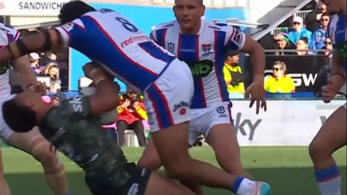 Knights prop Jacob Saifiti sent off for ‘savage’ hit that knocked out Warriors debutant Luke Laulilii
