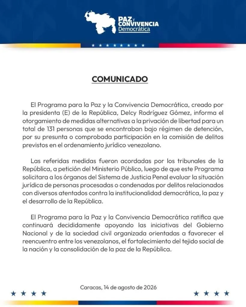 Gobierno anuncia la excarcelación de 131 presos políticos este #14Ago (+Comunicado)