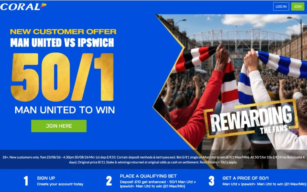 Manchester United vs Ipswich betting offer: 50/1 on Man United to win with Coral