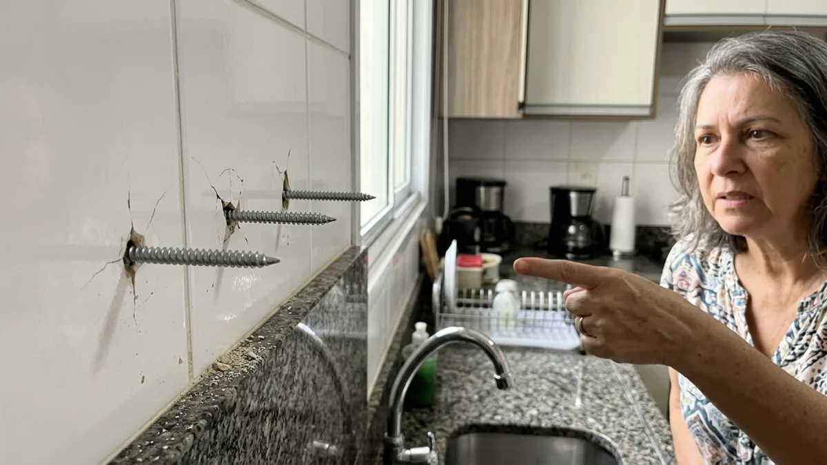 Família contrata marceneiro para instalar armários na cozinha, vizinha descobre que 3 parafusos atravessaram a parede e danificaram seu revestimento, mas a empresa afirma que seguiu exatamente o projeto