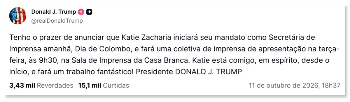 Trump anuncia ex-Trump Media como secretária de Imprensa da Casa Branca