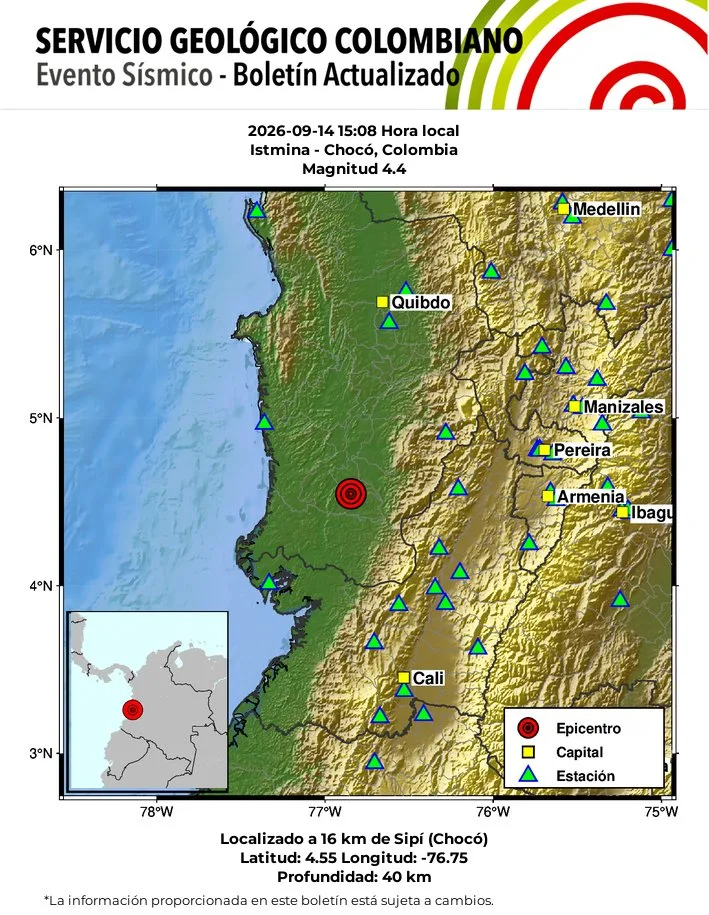 Tres sismos en diez minutos con epicentro en el Chocó sacuden el occidente de Colombia