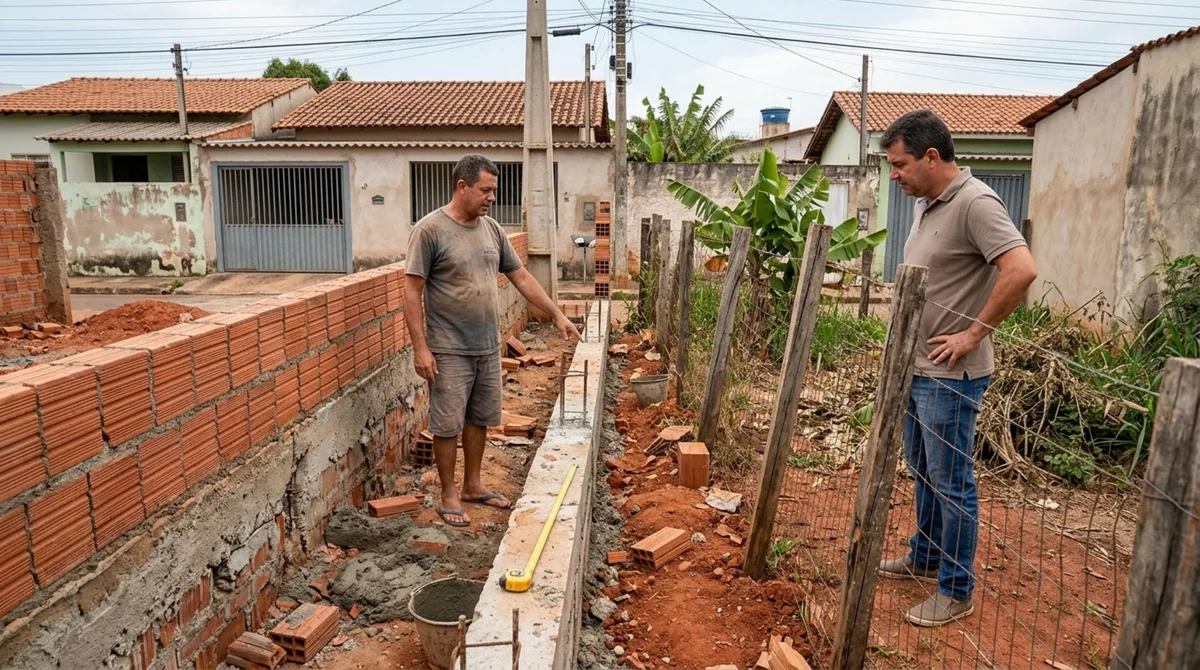 Família contrata pedreiro para construir um muro de divisa, vizinho descobre que a fundação avançou 40 centímetros para dentro de seu terreno e exige a demolição, mas uma medição antiga mostra que a cerca já estava fora do alinhamento