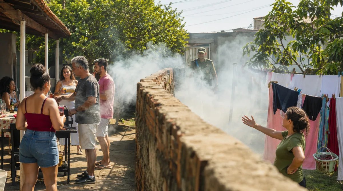 Família instala churrasqueira na divisa do lote, fumaça invade quintal do vizinho todo fim de semana, e Prefeitura aplica multa por perturbação ambiental, não por barulho