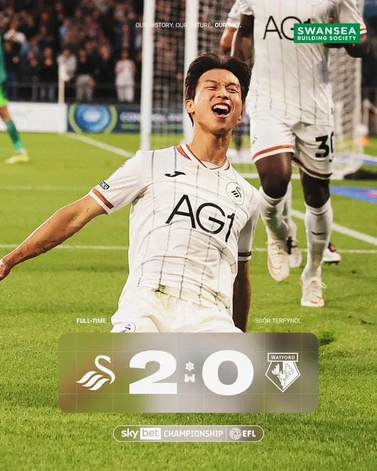 [공식발표] '韓 축구 금메달을 부탁해' 엄지성, 2연속 MVP 미쳤다! 또 '1골 1도움' 대폭발...스완지, 왓포드 2-0 꺾고 리그 1위