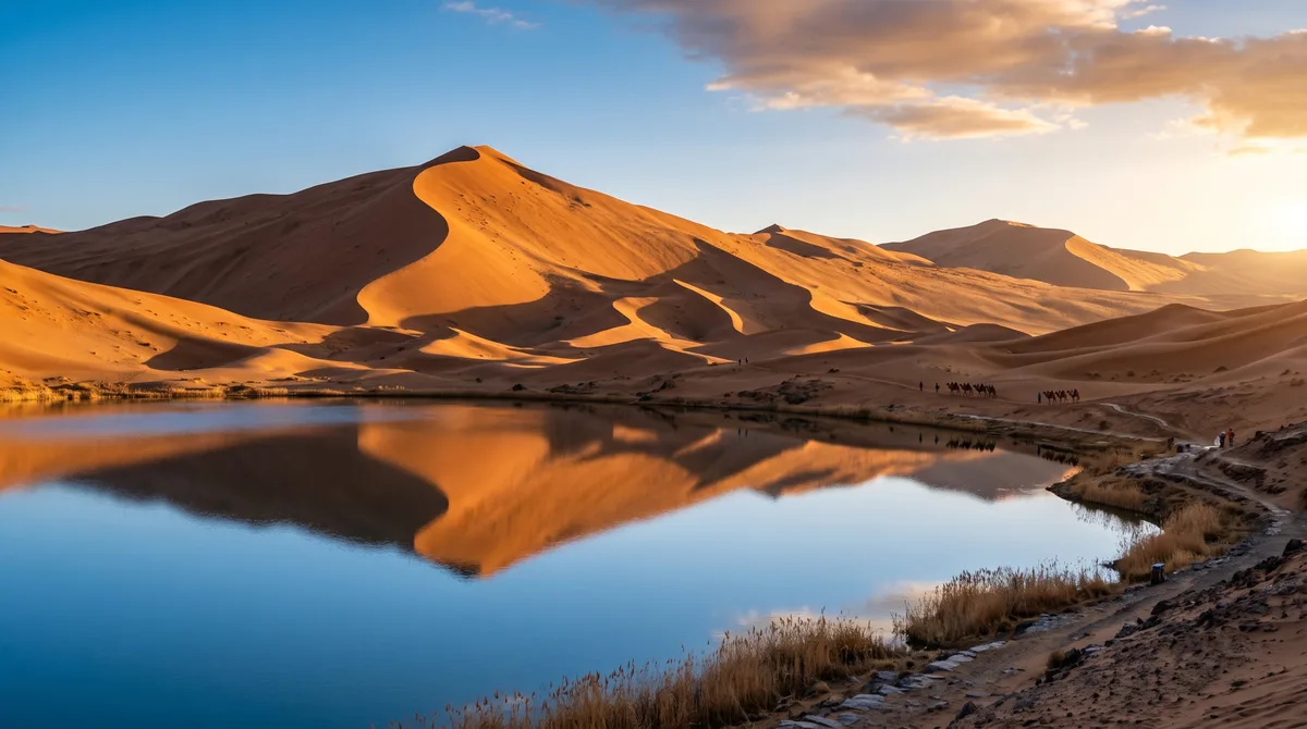 O deserto guarda dunas de 460 metros entre lagos e ainda produz uma faixa de areia que literalmente canta quando o vento atravessa a superfície