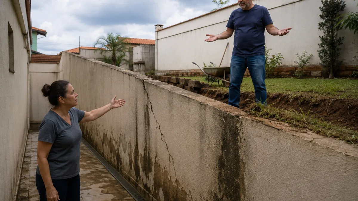 Vizinho eleva quintal em 70 centímetros para nivelar área de lazer e terra passa a pressionar todo o muro lateral
