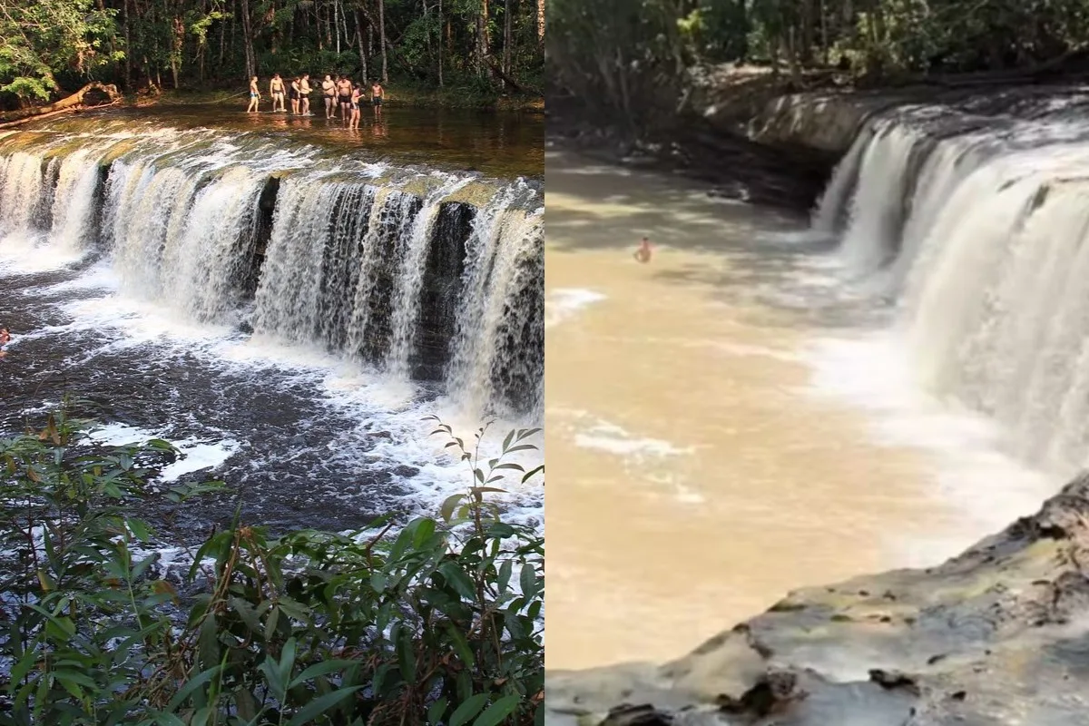 Veja o antes e depois de cachoeira no Amazonas que ficou com água barrenta após obra irregular