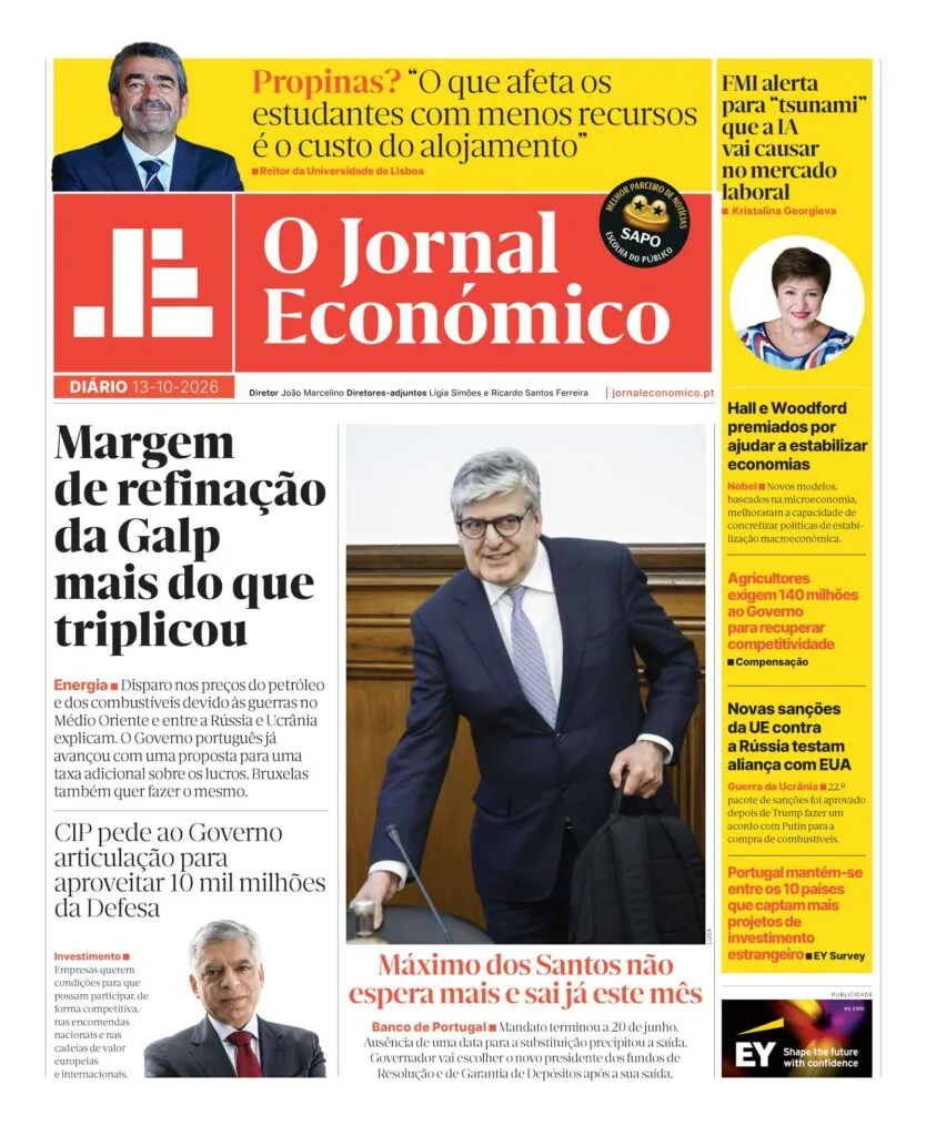 A primeira página do Jornal Económico de 13 de outubro
