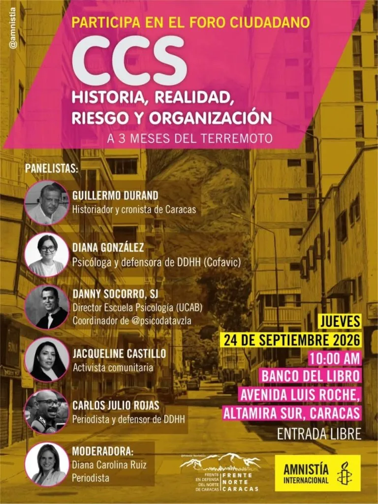 Amnistía International y Frente Norte Caracas realizarán foro a tres meses del doble terremoto en Venezuela