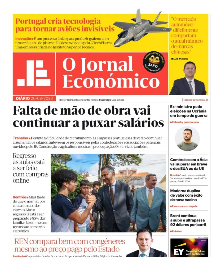 A primeira página do Jornal Económico de 20 de agosto