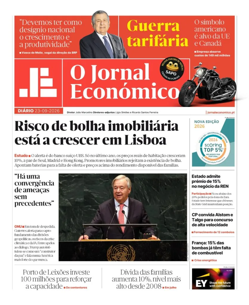 A primeira página do Jornal Económico de 23 de setembro