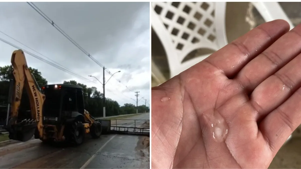 Temporal com granizo provoca alagamentos e derruba portal de praia em Linhares