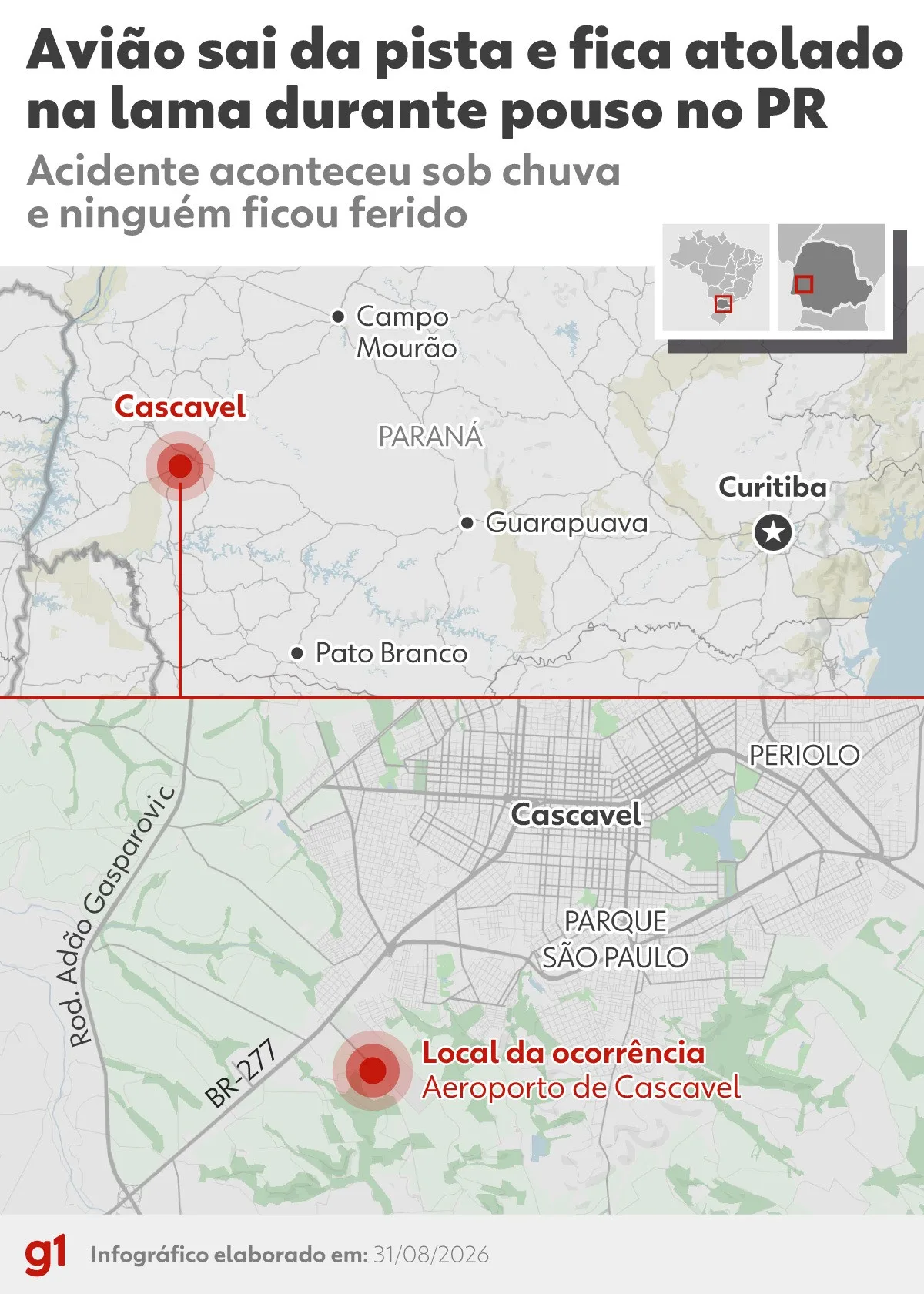 Avião da Latam com 151 pessoas a bordo sai da pista durante pouso e fica atolado na lama no Paraná