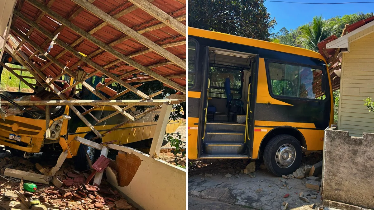 Ônibus escolar invade casa e destrói garagem em Ibiraçu
