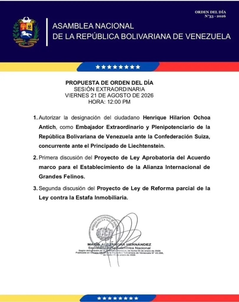 AN revisará designación diplomática y leyes ambientales este viernes