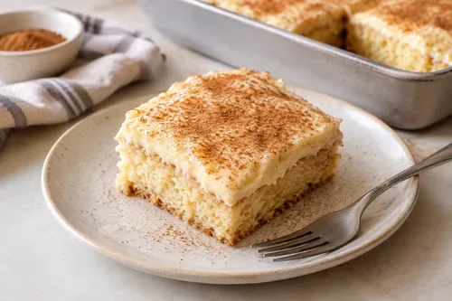 Milk tart cake recipe with soft vanilla sponge and creamy cinnamon custard