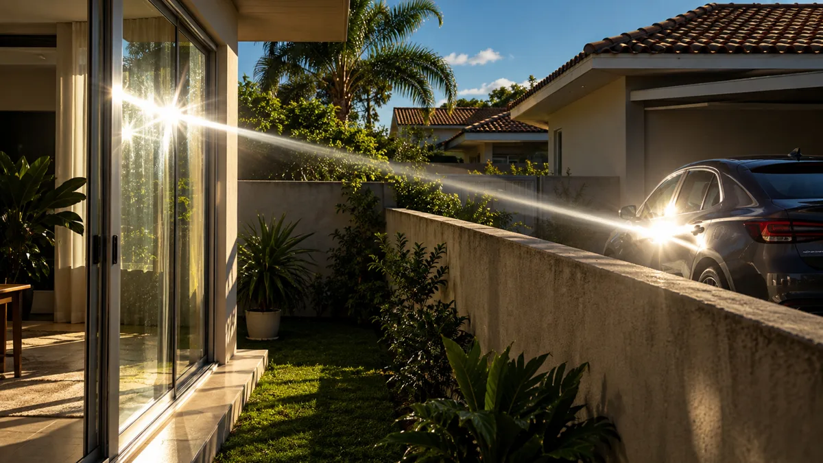 Casal instala uma porta de vidro na área dos fundos e, no primeiro dia de sol forte, percebe que o reflexo fica concentrado justamente sobre o carro estacionado ao lado