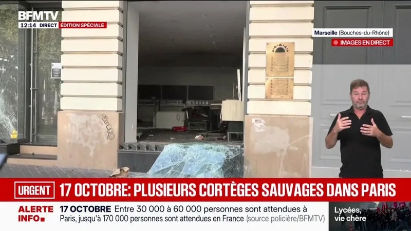Mobilisations du 17 octobre: la vitrine d'une boutique de téléphones brisée à Marseille