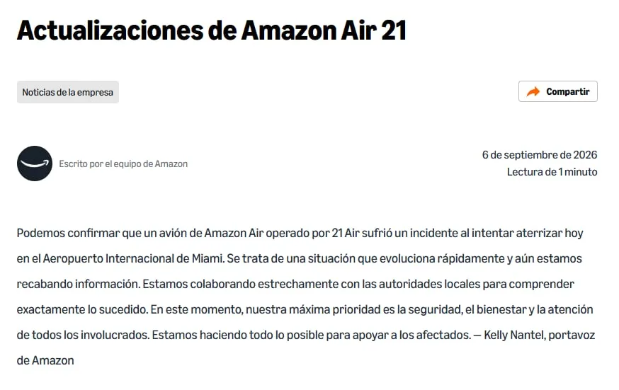 Habló Amazon tras el despiste de un avión de carga en el aeropuerto de Miami