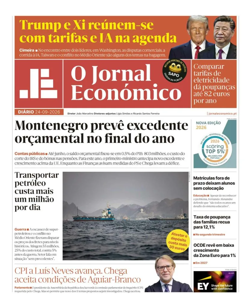 A primeira página do Jornal Económico de 24 de setembro