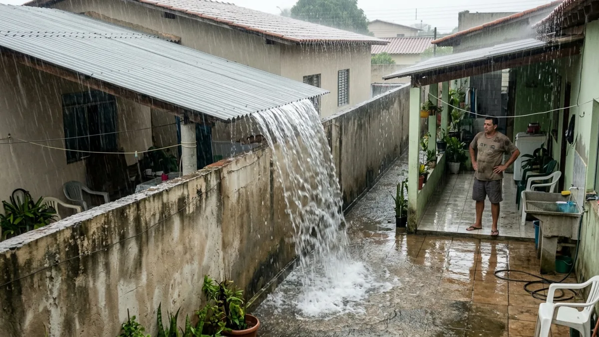 Casal constrói varanda coberta nos fundos da casa e depois de três anos descobre que a água da chuva cai diretamente no quintal vizinho, que exige a mudança de todo o telhado