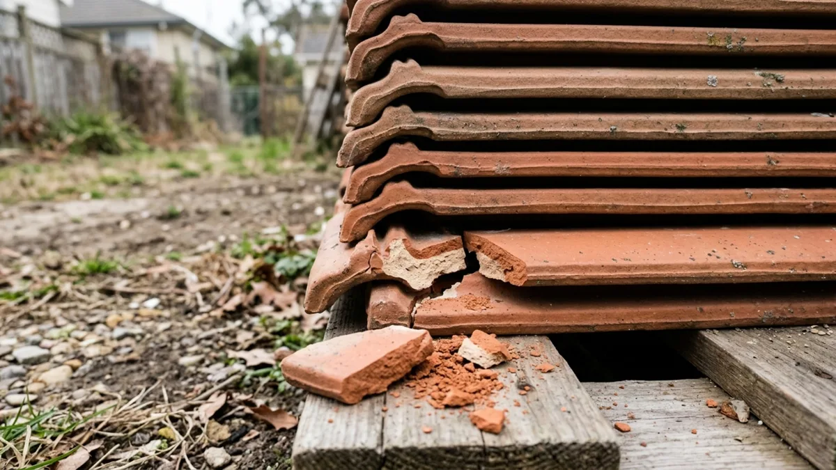 Carga de telhas parece inteira por cima, mas moradora encontra dezenas de peças quebradas depois de assinar a entrega e desmontar a pilha