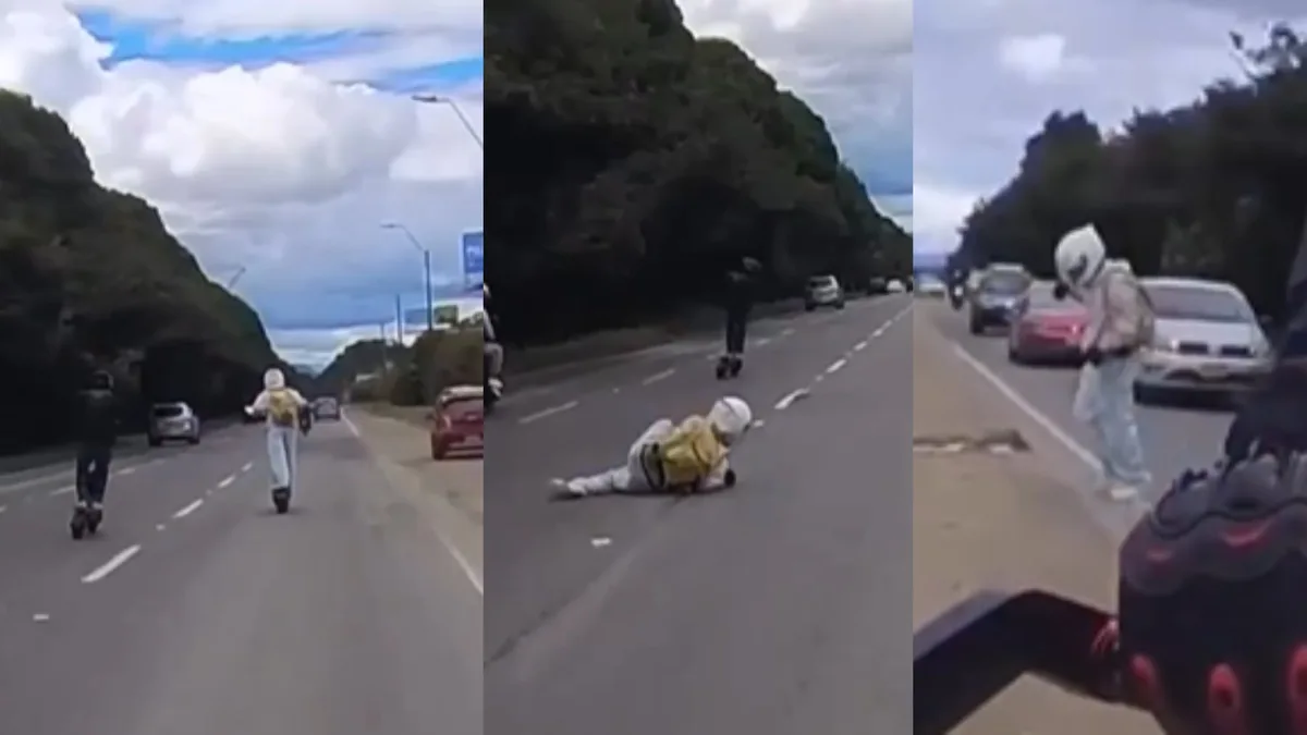 Dos jóvenes circularon a alta velocidad en patineta en plena autopista Norte de Bogotá: uno de ellos sufrió aparatosa caída
