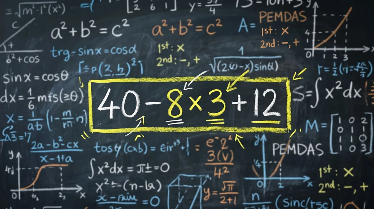 Você se lembra da regra para calcular 40 − 8 × 3 + 12?