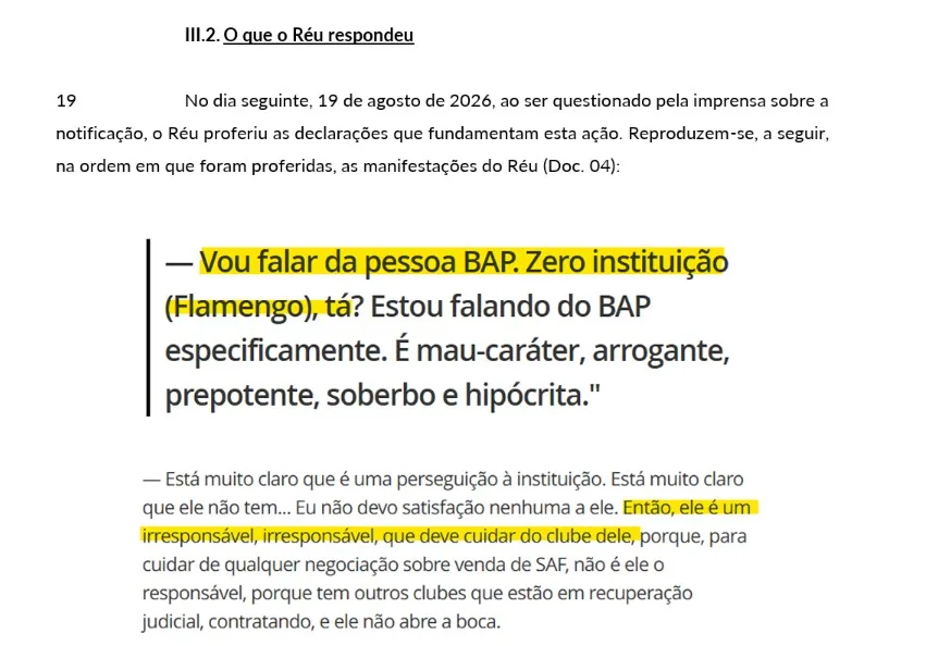 Bap, presidente do Flamengo, processa Pedrinho, do Vasco, e cobra indenização; veja detalhes
