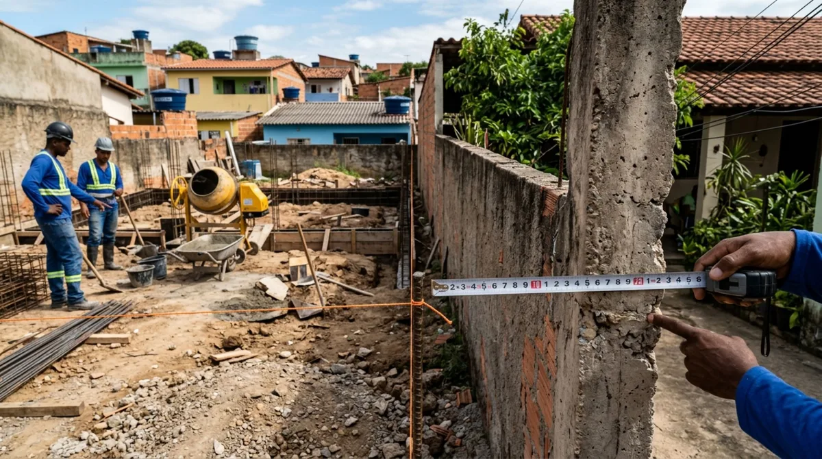 Proprietário prepara terreno para nova garagem e descobre que pilar do vizinho ultrapassa a divisa, ele pede demolição e recebe proposta para vender a pequena faixa