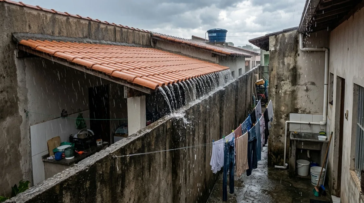 Morador instala um telhado maior para proteger a área de serviço e casal vizinho percebe que a água da chuva começa a cair diretamente sobre o corredor onde seca suas roupas