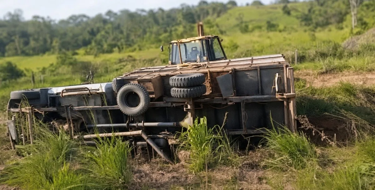 Caminhonete tomba e é retirada com ajuda de retroescavadeira no Acre