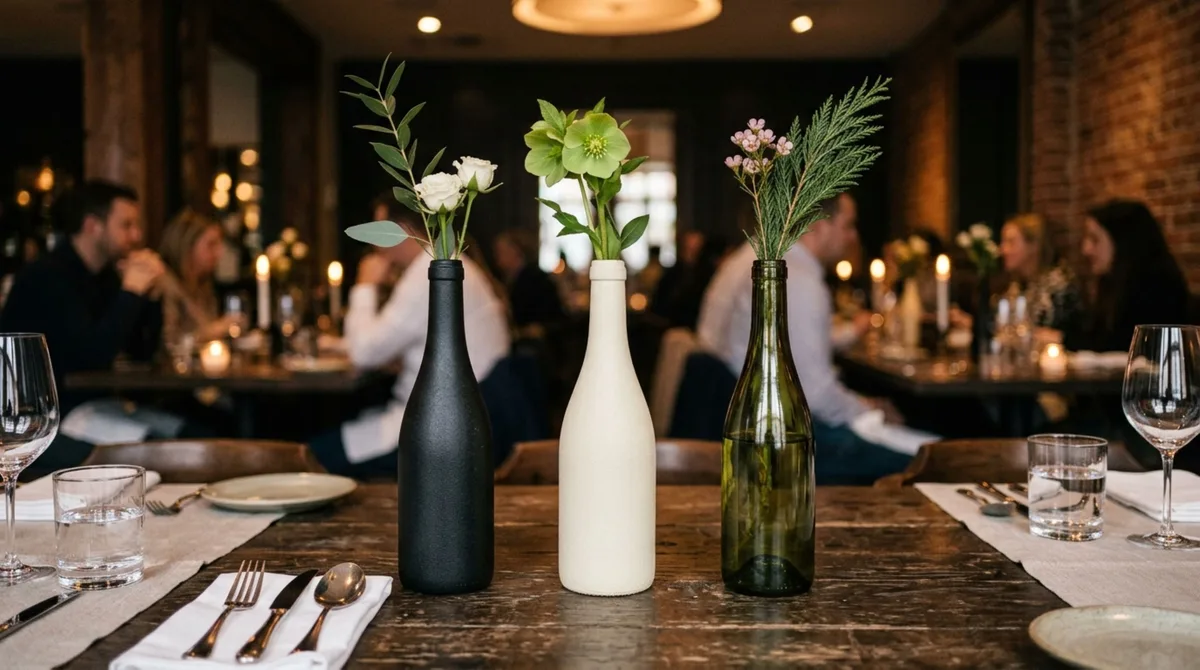 Como eu transformei garrafas de vinho vazias em vasos minimalistas para decorar a mesa com uma aparência de restaurante sofisticado