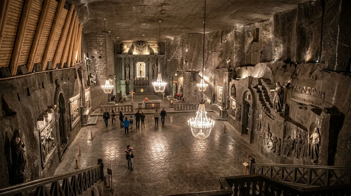 Uma mina de sal na Polônia virou um mundo subterrâneo com capelas, estátuas e obras esculpidas na própria rocha porque séculos de mineração abriram centenas de quilômetros de galerias e visitantes hoje descem até 135 metros
