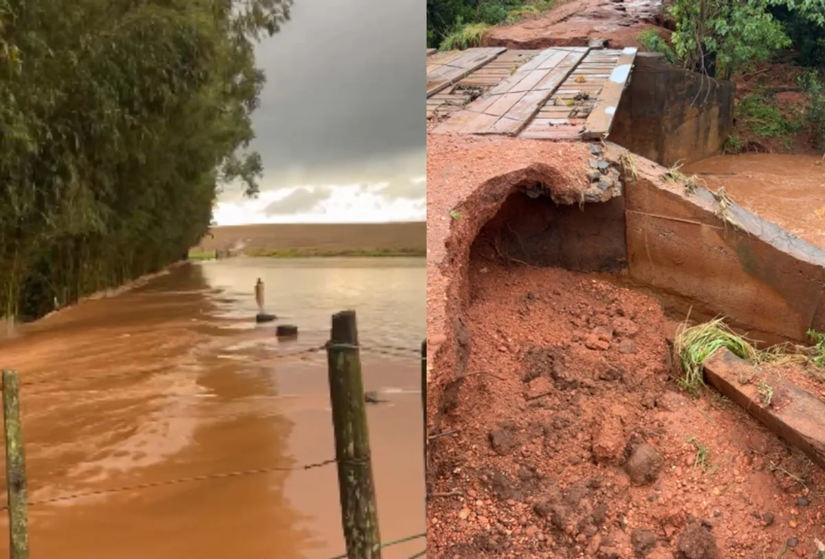 Chuva forte transforma lavoura em rio e danifica ponte em Mato Grosso do Sul
