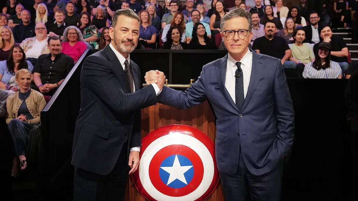 Stephen Colbert returns to late-night TV post-cancellation, as guest on Kimmel