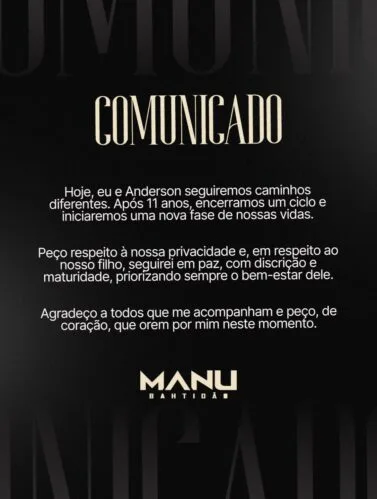 Manu Bahtidão anuncia fim do casamento após 11 anos com empresário: ‘Seguirei em paz’ Manu Bahtidão e Anderson Halliday estavam juntos há 11 anos. (Foto: Reprodução/Instagram)