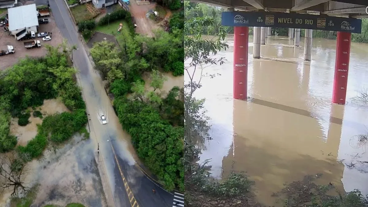 Rio sobe quase 3 metros em poucas horas, entra em emergência, causa enchente e assusta moradores em SC