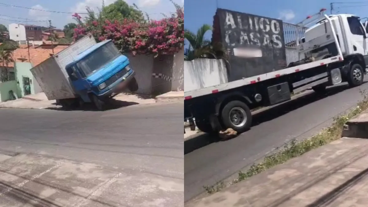 Caminhão fica preso em ladeira ao tentar rebocar veículo em Teresina