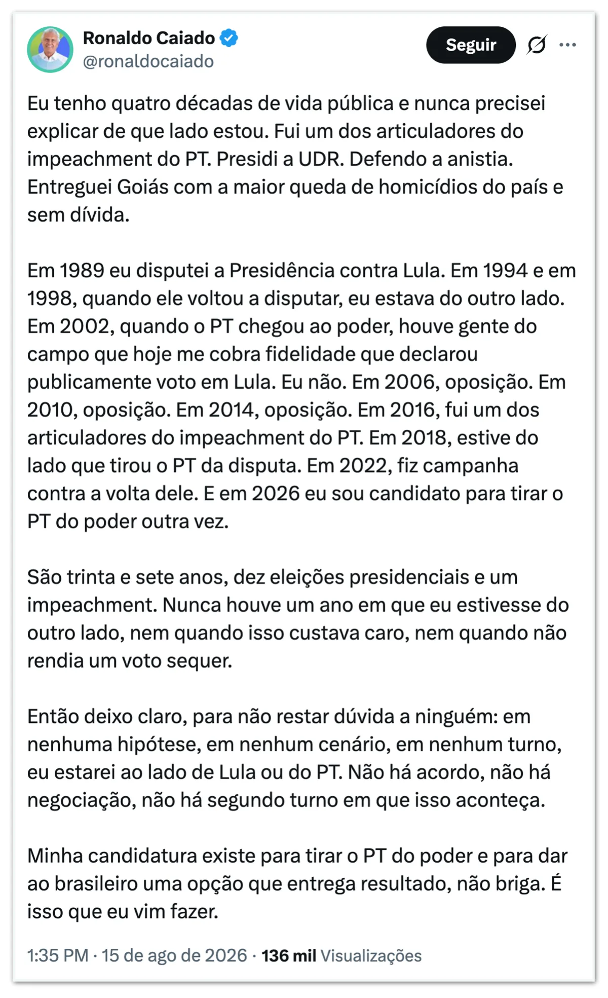 Caiado diz que não apoiará Lula após fala de Kassab sobre Centrão