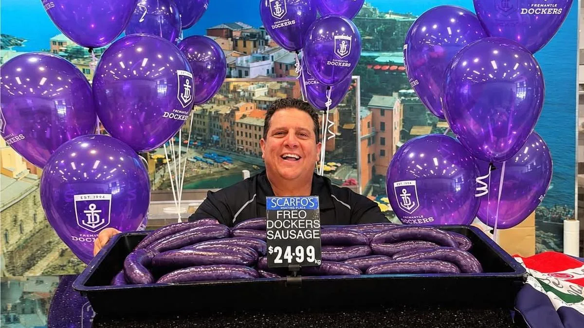 Scarfo’s Meating Place in Myaree embraces Fremantle Dockers mayhem with PURPLE sausages