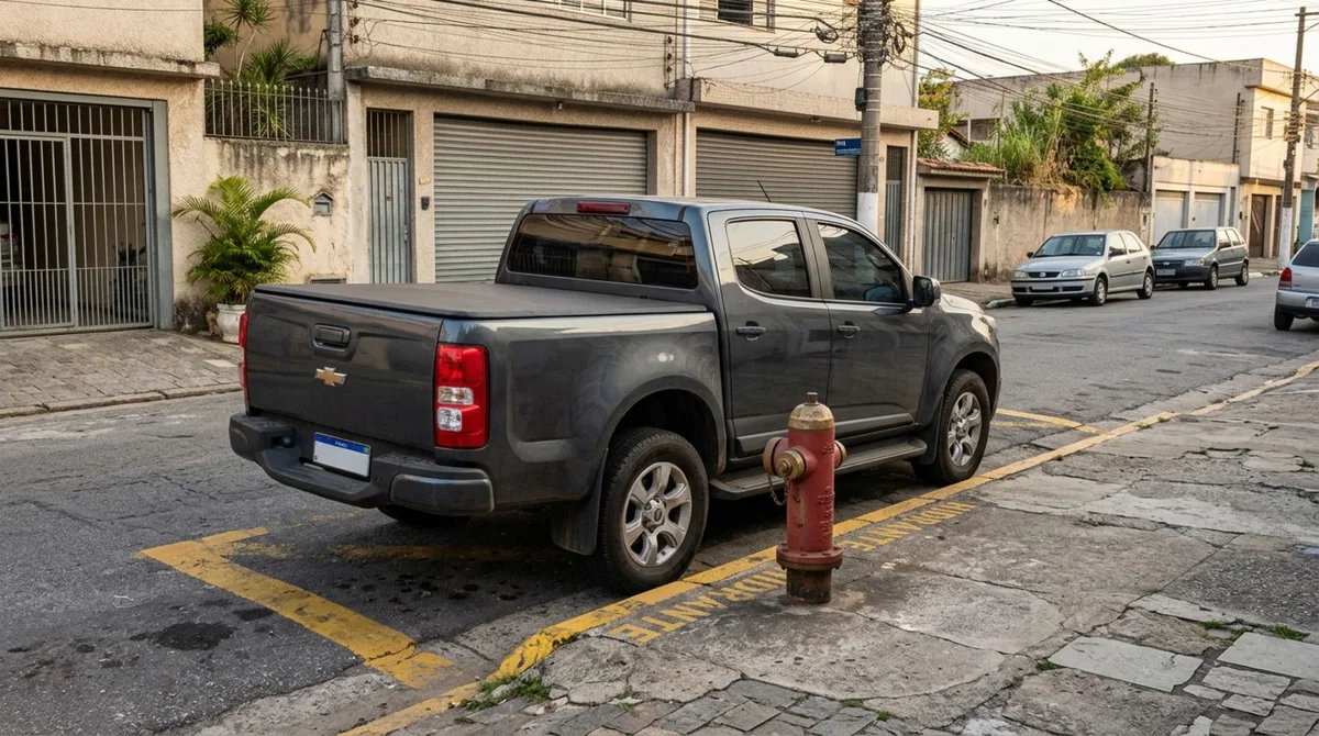 Dono de caminhonete estaciona ao lado de um hidrante identificado na rua, acredita que o equipamento só precisa ficar livre em caso de incêndio e descobre por que o CTB protege esses pontos de acesso