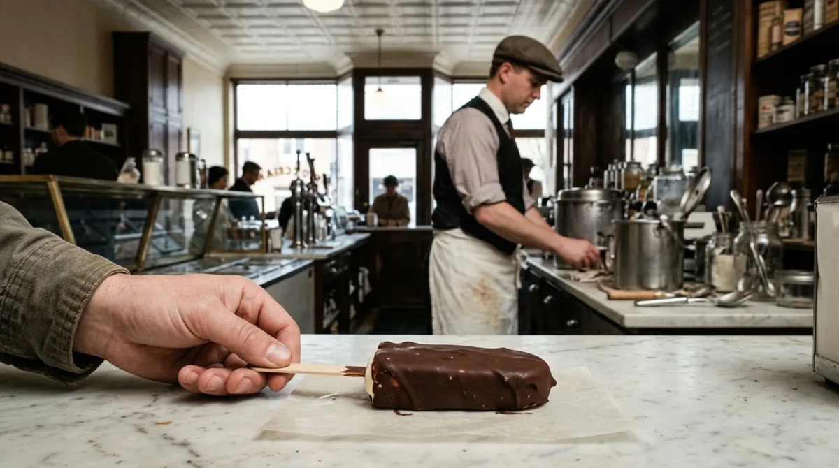 Um sorvete coberto de chocolate era gostoso demais para abandonar, mas bagunçado demais para comer até uma criança sugerir colocar um palito