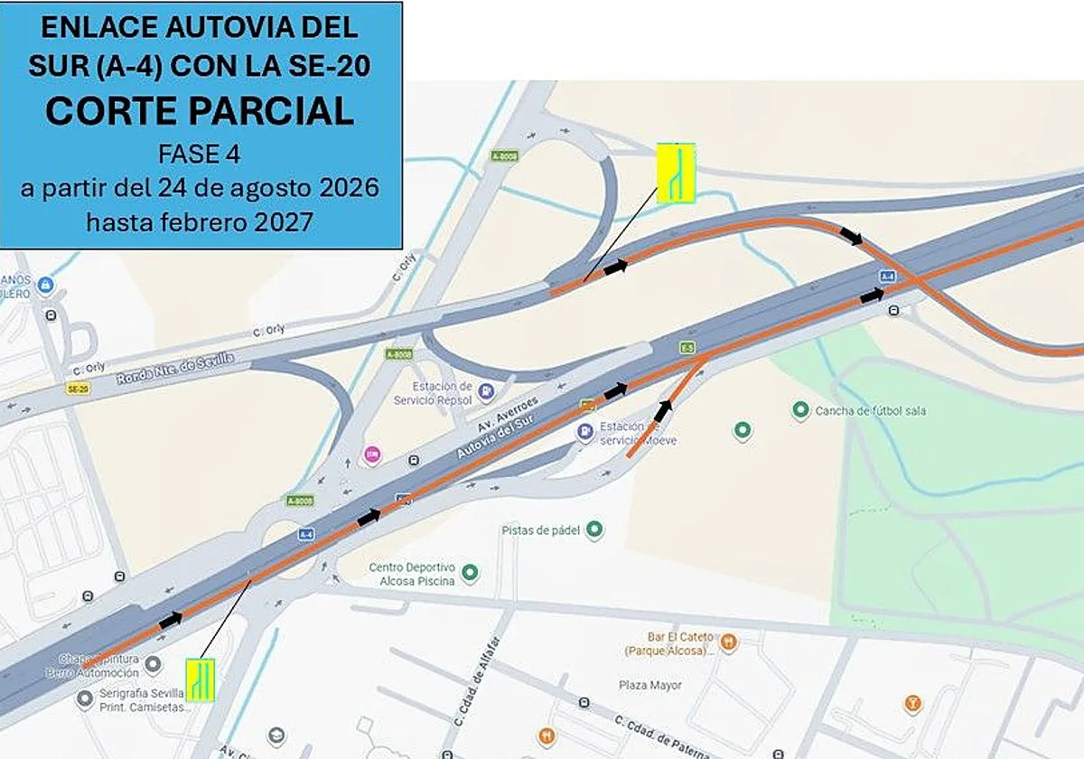 El enlace de la SE-20 con la A-4 estará cortado parcialmente hasta febrero por obras